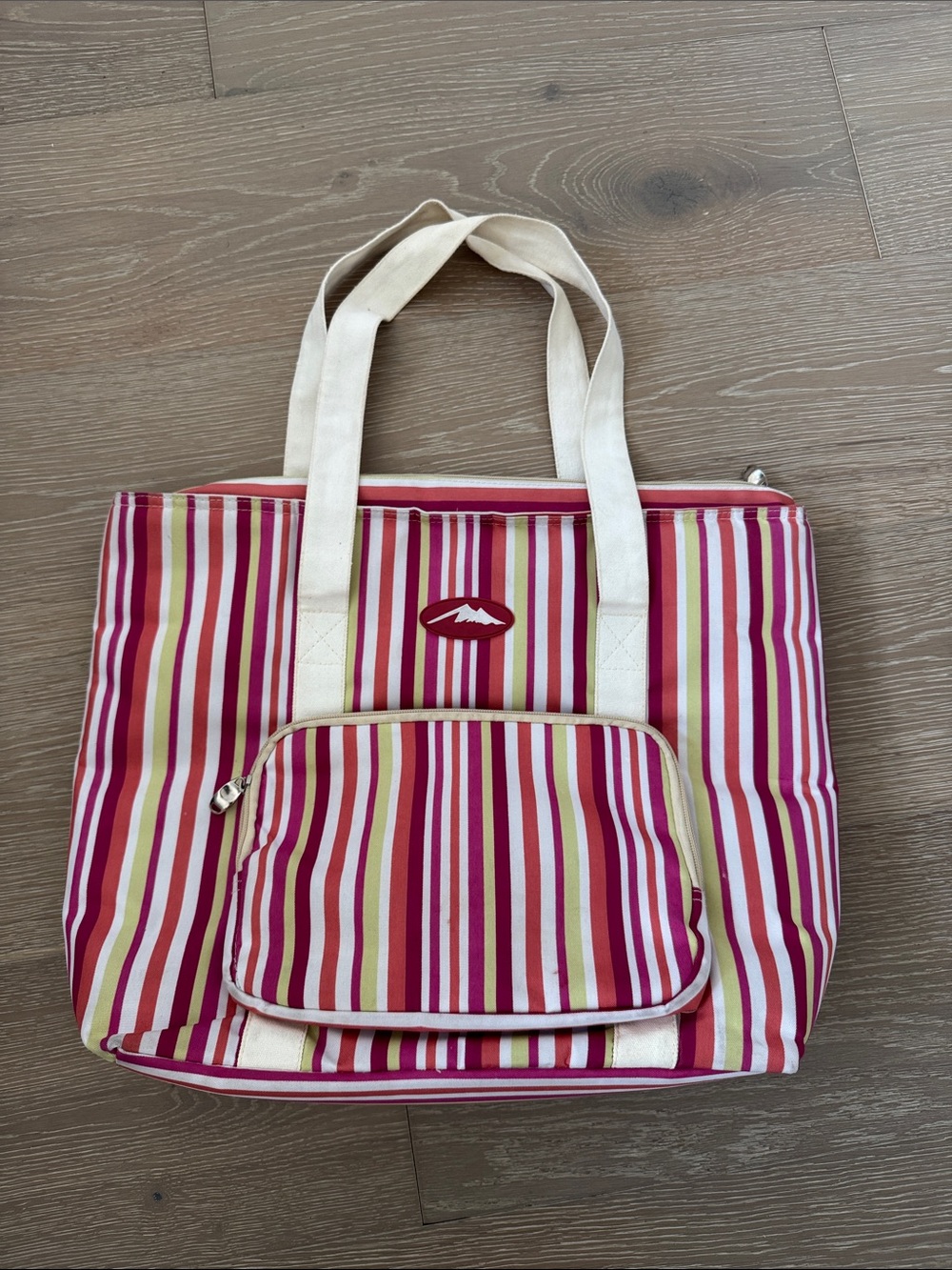Insulated Striped Pink & Cream Tote Bag with Front Pocket